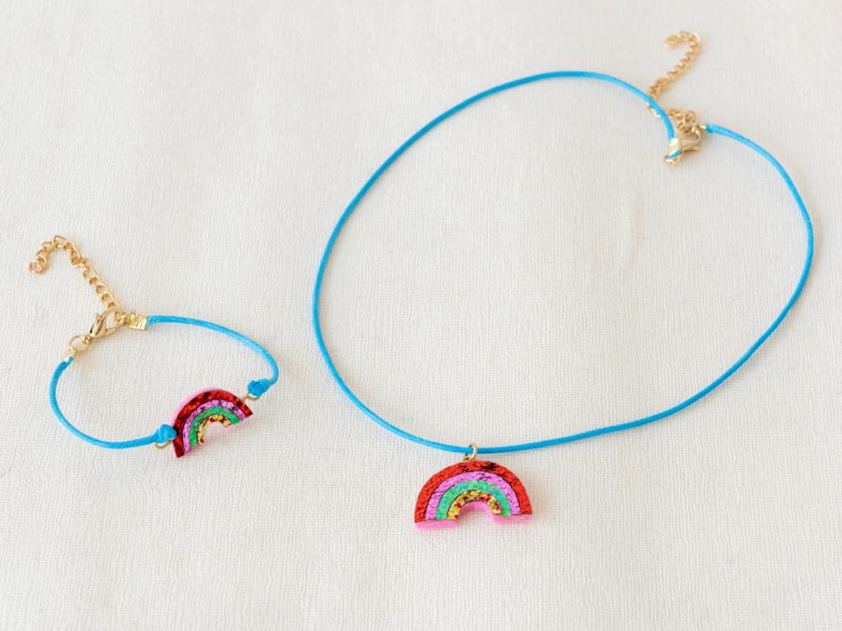 Children's glitter matching rainbow necklace and bracelet